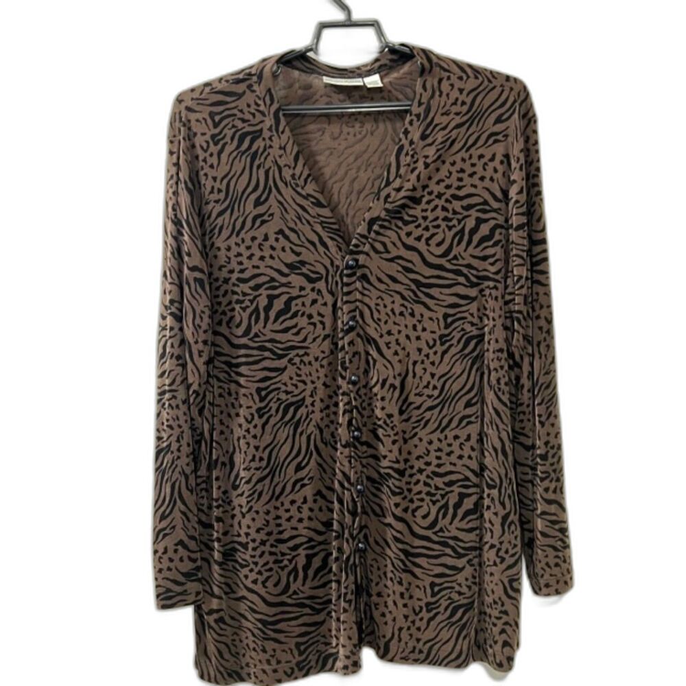 Private Edition by Chicos Black Brown Animal Print Zebra Long Sleeve Top Size 3